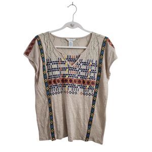 Sundance Barranca Blouse Small Beige Linen Jersey Embroidered Top Short-Sleeve